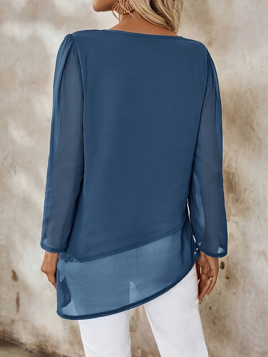 Corisande - Elegant Double Layer Blouse with Asymmetrical Hem and Light Sheerness