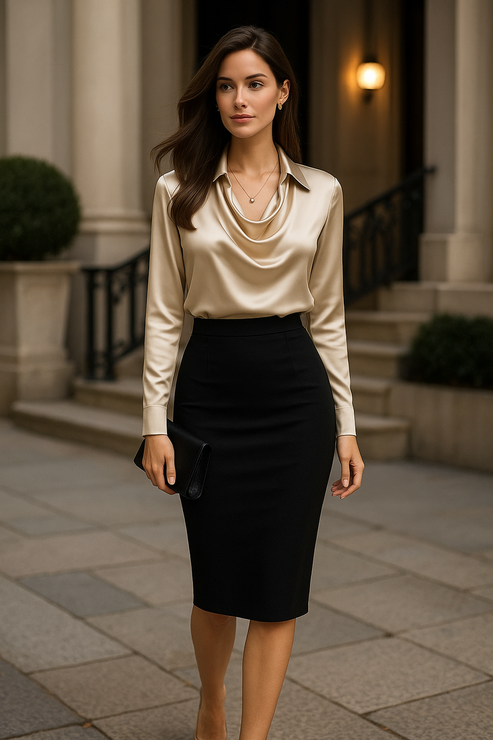 Laureline - Shiny Blouse with Pleated Collar - Chic &amp; Timeless