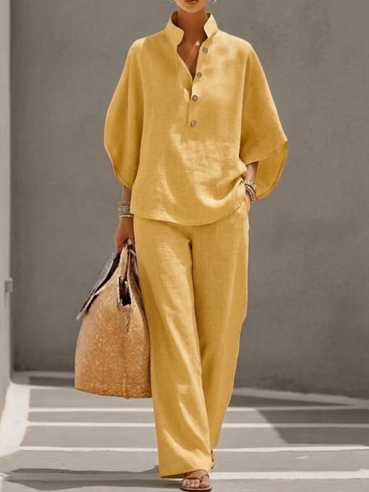 The Beckham Set™ – Cotton-linen set with batwing sleeves and wide-leg trousers