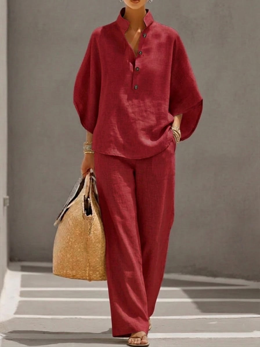 The Beckham Set™ – Cotton-linen set with batwing sleeves and wide-leg trousers