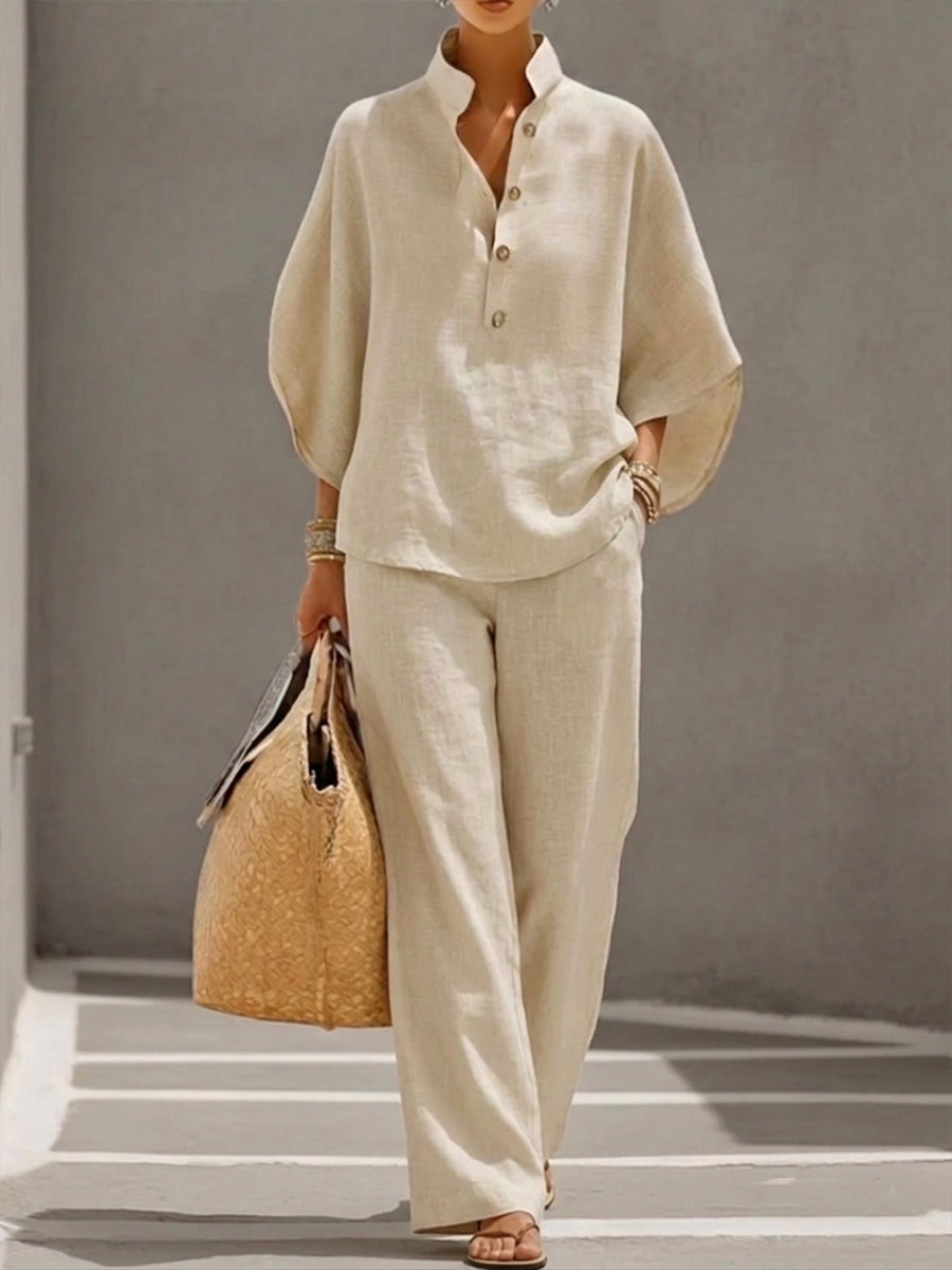 The Beckham Set™ – Cotton-linen set with batwing sleeves and wide-leg trousers